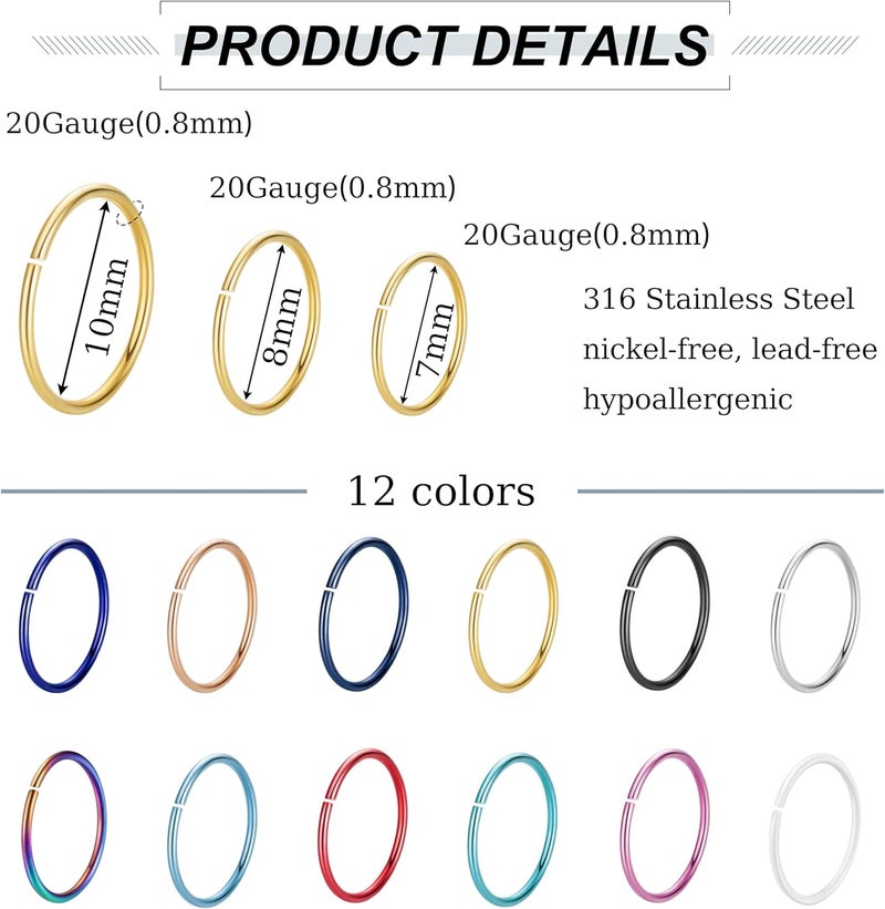 NICEIGHT 18G 20G 22G Stainless Steel Nose Rings Hoops for Women Men Cartilage Helix Earring Hoops Lip Rings Nose Piercing Jewelry - Image 3